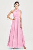 One Shoulder Chiffon Bridesmaid Dress Floor Length Ruched A Line Formal Evening Prom Gowns
