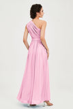 One Shoulder Chiffon Bridesmaid Dress Floor Length Ruched A Line Formal Evening Prom Gowns