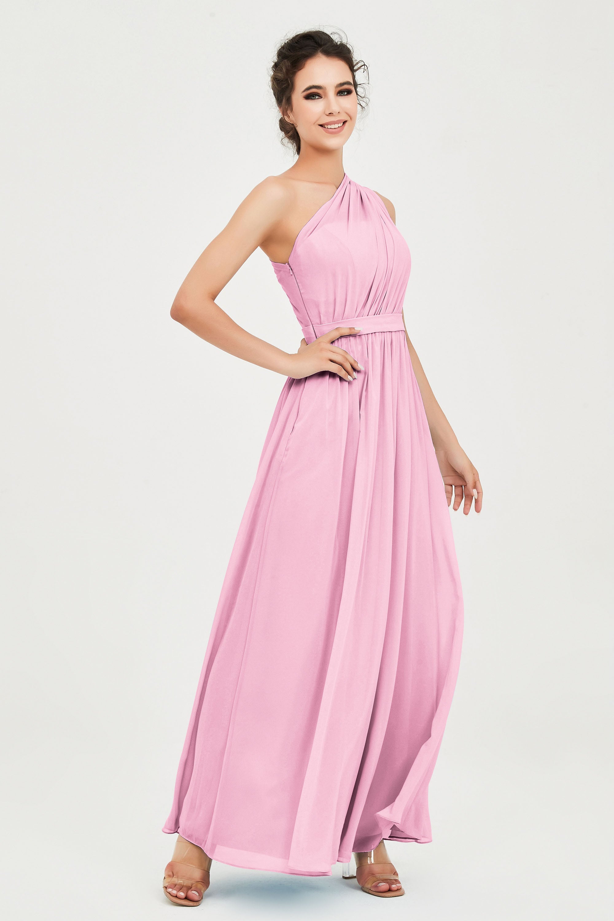 One Shoulder Chiffon Bridesmaid Dress Floor Length Ruched A Line Formal Evening Prom Gowns