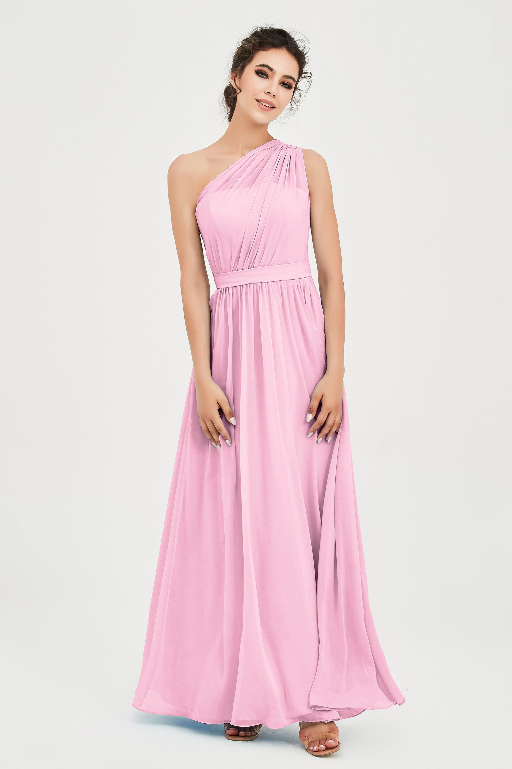 One Shoulder Chiffon Bridesmaid Dress Floor Length Ruched A Line Formal Evening Prom Gowns