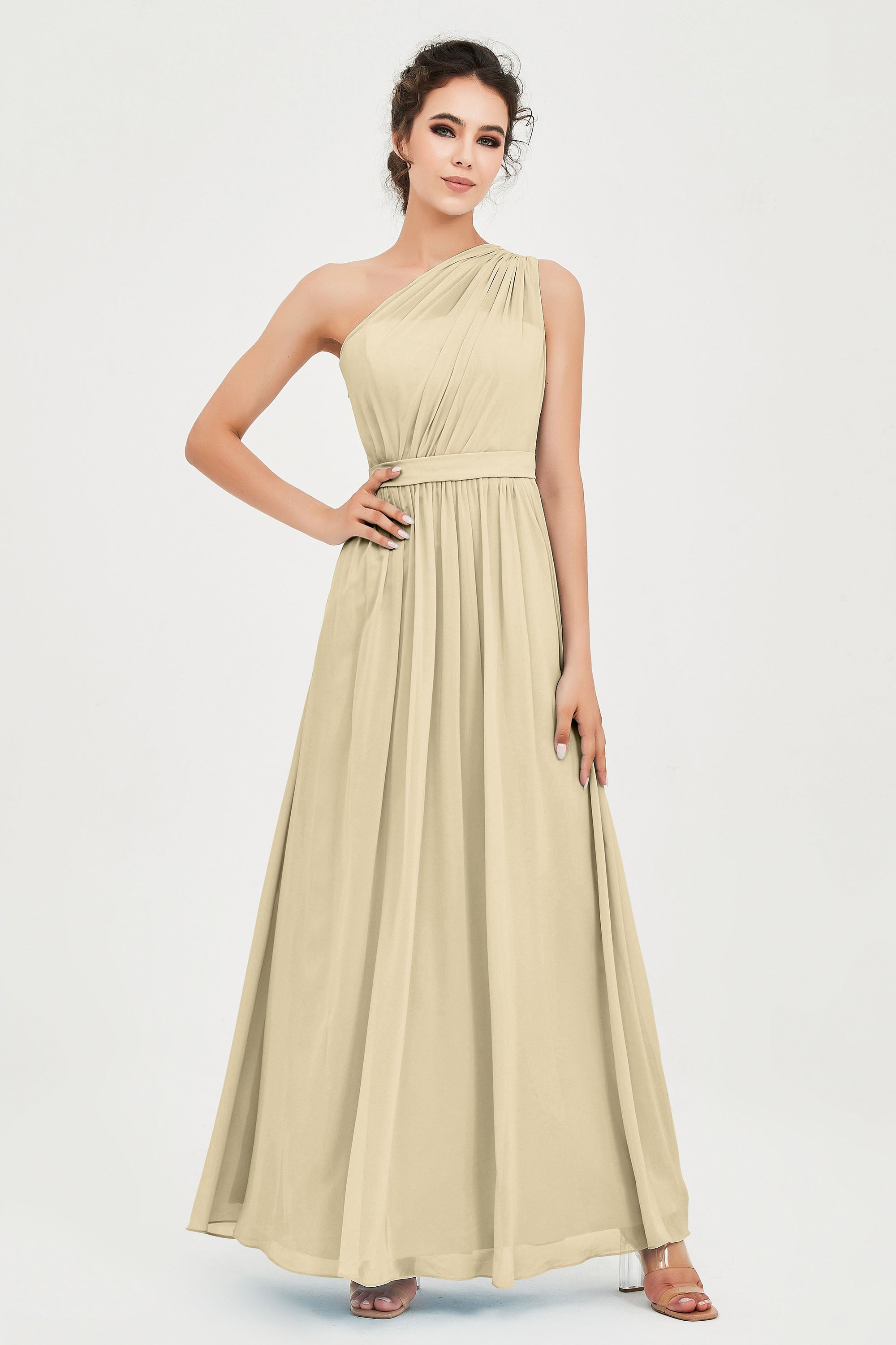 One Shoulder Chiffon Bridesmaid Dress Floor Length Ruched A Line Formal Evening Prom Gowns