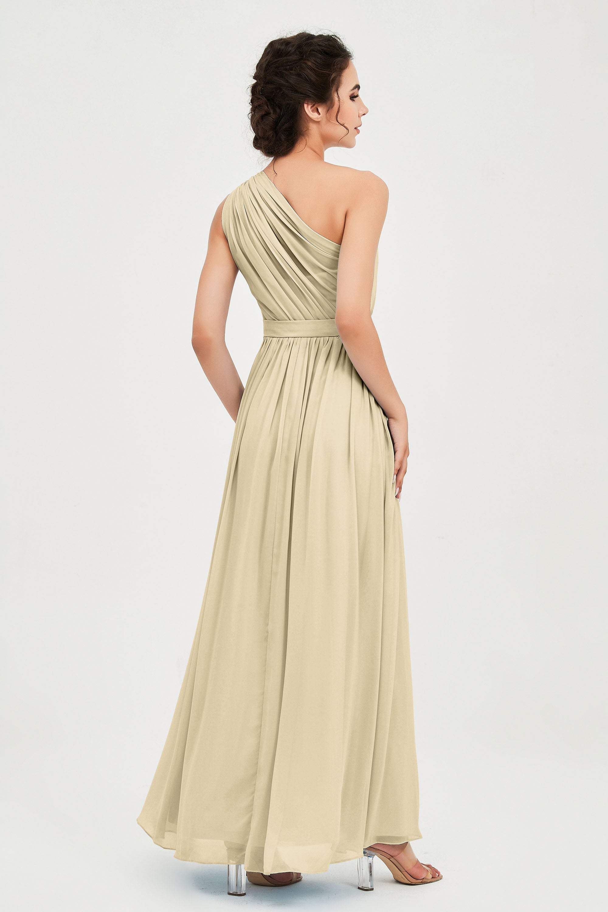 One Shoulder Chiffon Bridesmaid Dress Floor Length Ruched A Line Formal Evening Prom Gowns