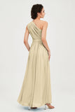 One Shoulder Chiffon Bridesmaid Dress Floor Length Ruched A Line Formal Evening Prom Gowns