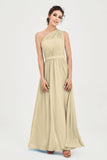 One Shoulder Chiffon Bridesmaid Dress Floor Length Ruched A Line Formal Evening Prom Gowns