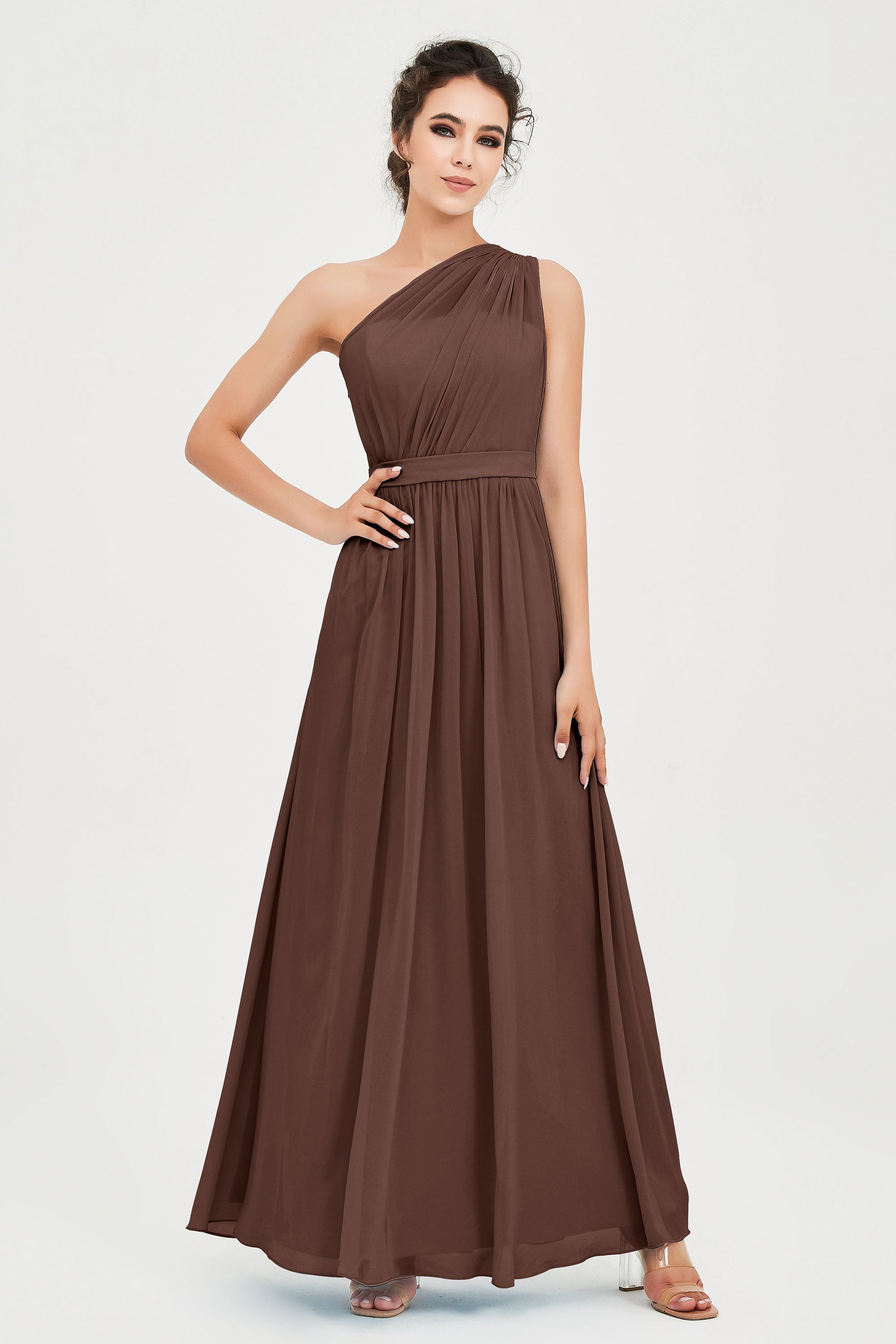One Shoulder Chiffon Bridesmaid Dress Floor Length Ruched A Line Formal Evening Prom Gowns