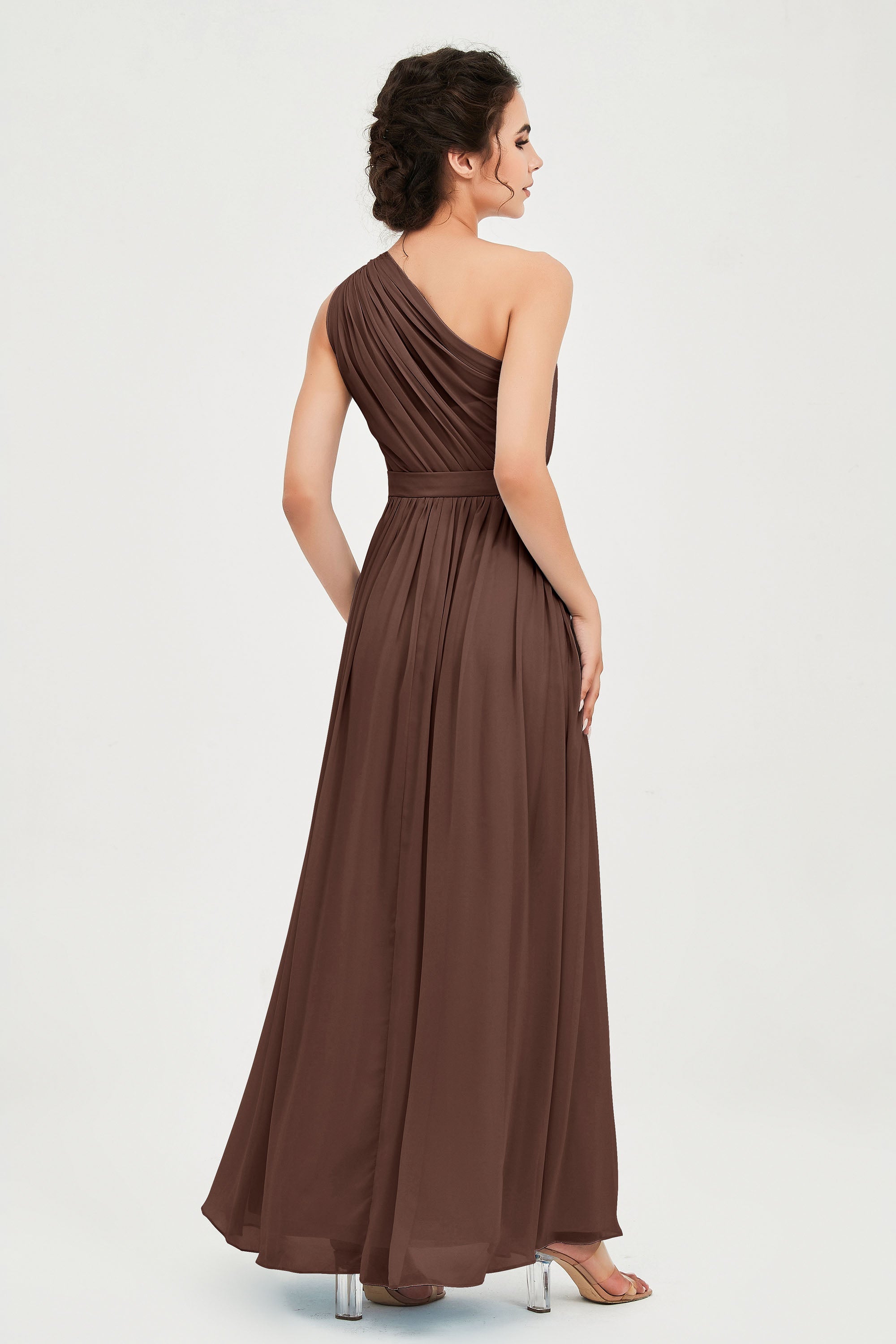 One Shoulder Chiffon Bridesmaid Dress Floor Length Ruched A Line Formal Evening Prom Gowns