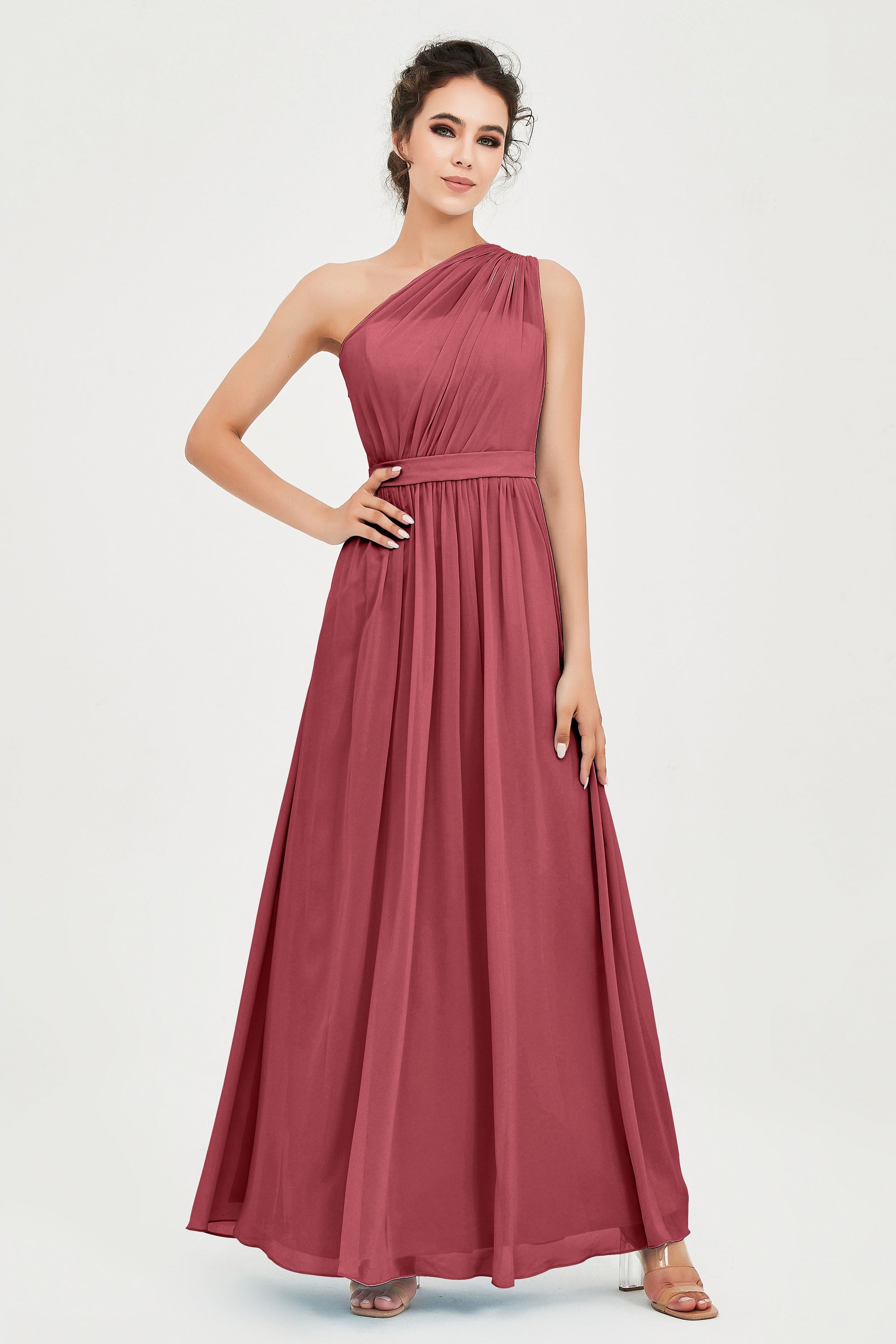 One Shoulder Chiffon Bridesmaid Dress Floor Length Ruched A Line Formal Evening Prom Gowns