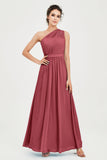One Shoulder Chiffon Bridesmaid Dress Floor Length Ruched A Line Formal Evening Prom Gowns