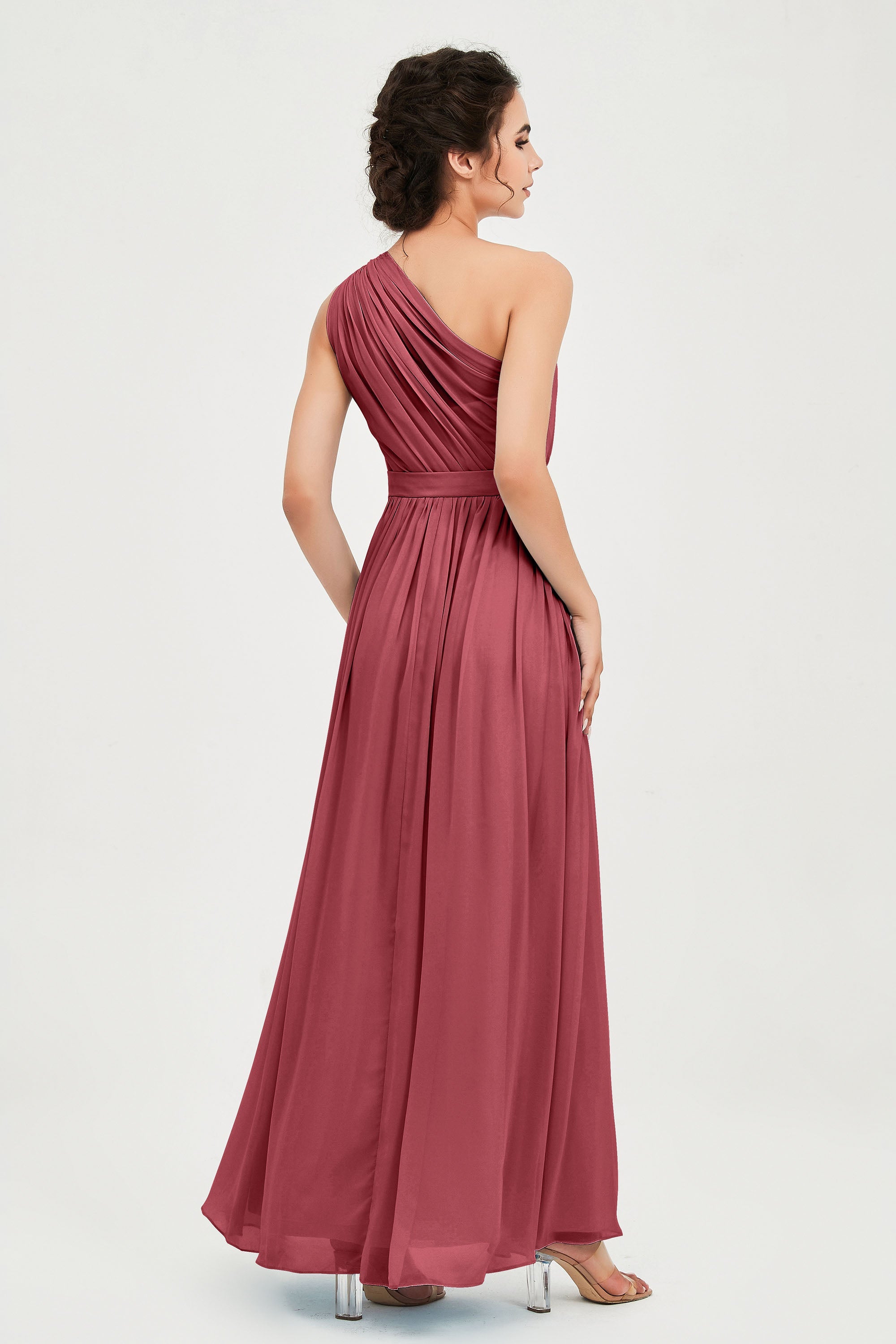 One Shoulder Chiffon Bridesmaid Dress Floor Length Ruched A Line Formal Evening Prom Gowns