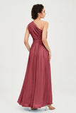 One Shoulder Chiffon Bridesmaid Dress Floor Length Ruched A Line Formal Evening Prom Gowns