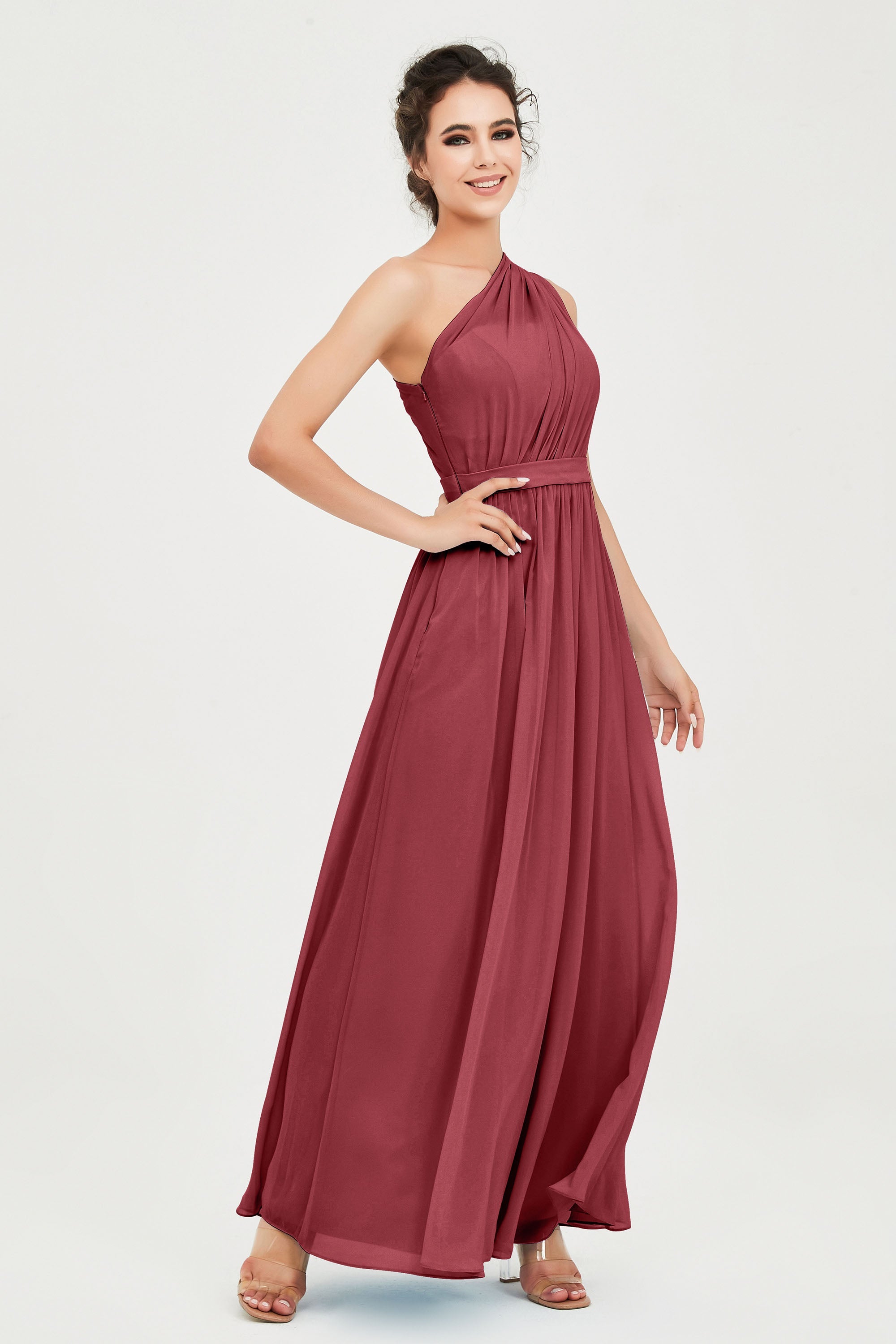One Shoulder Chiffon Bridesmaid Dress Floor Length Ruched A Line Formal Evening Prom Gowns