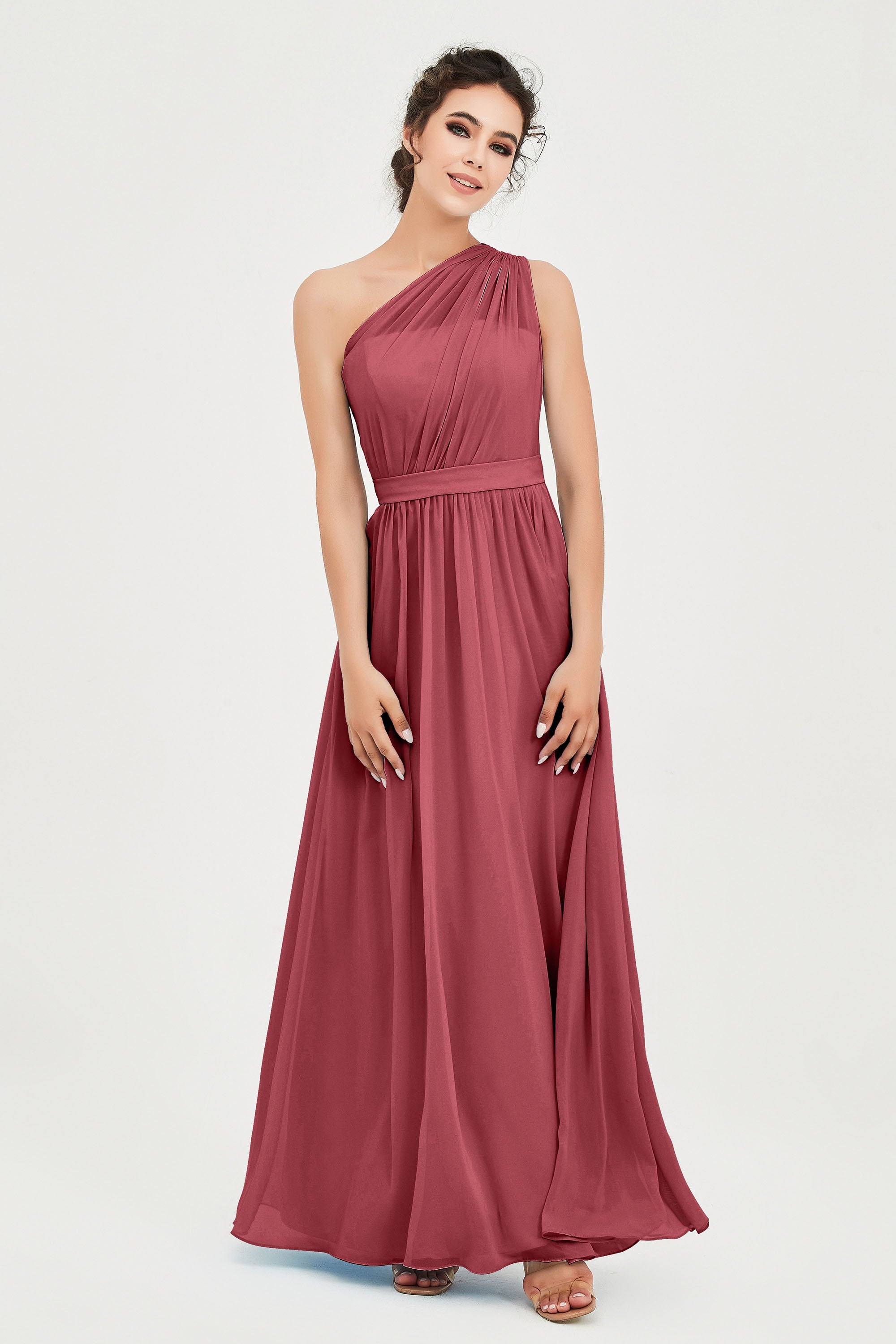 One Shoulder Chiffon Bridesmaid Dress Floor Length Ruched A Line Formal Evening Prom Gowns