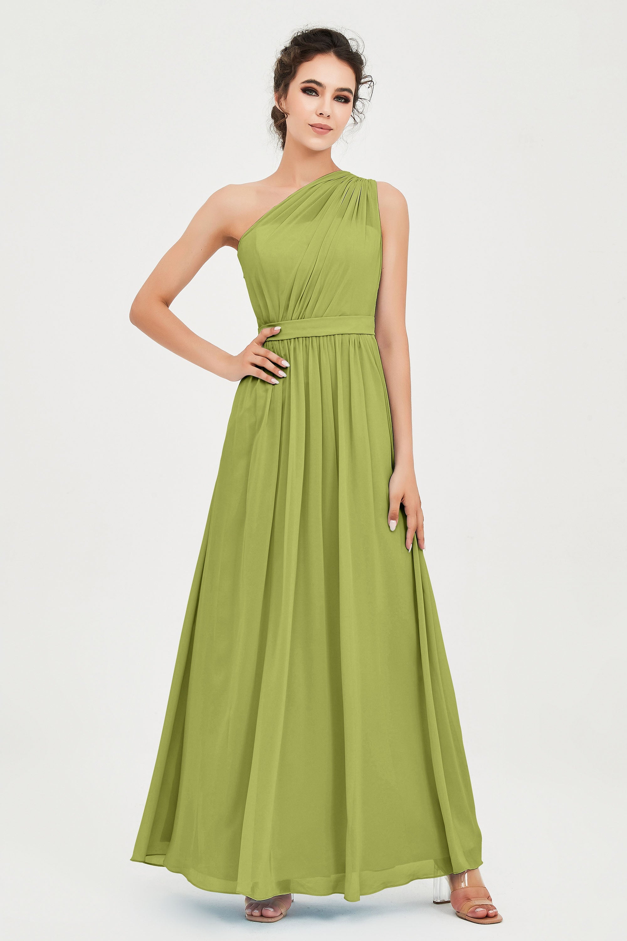 One Shoulder Chiffon Bridesmaid Dress Floor Length Ruched A Line Formal Evening Prom Gowns