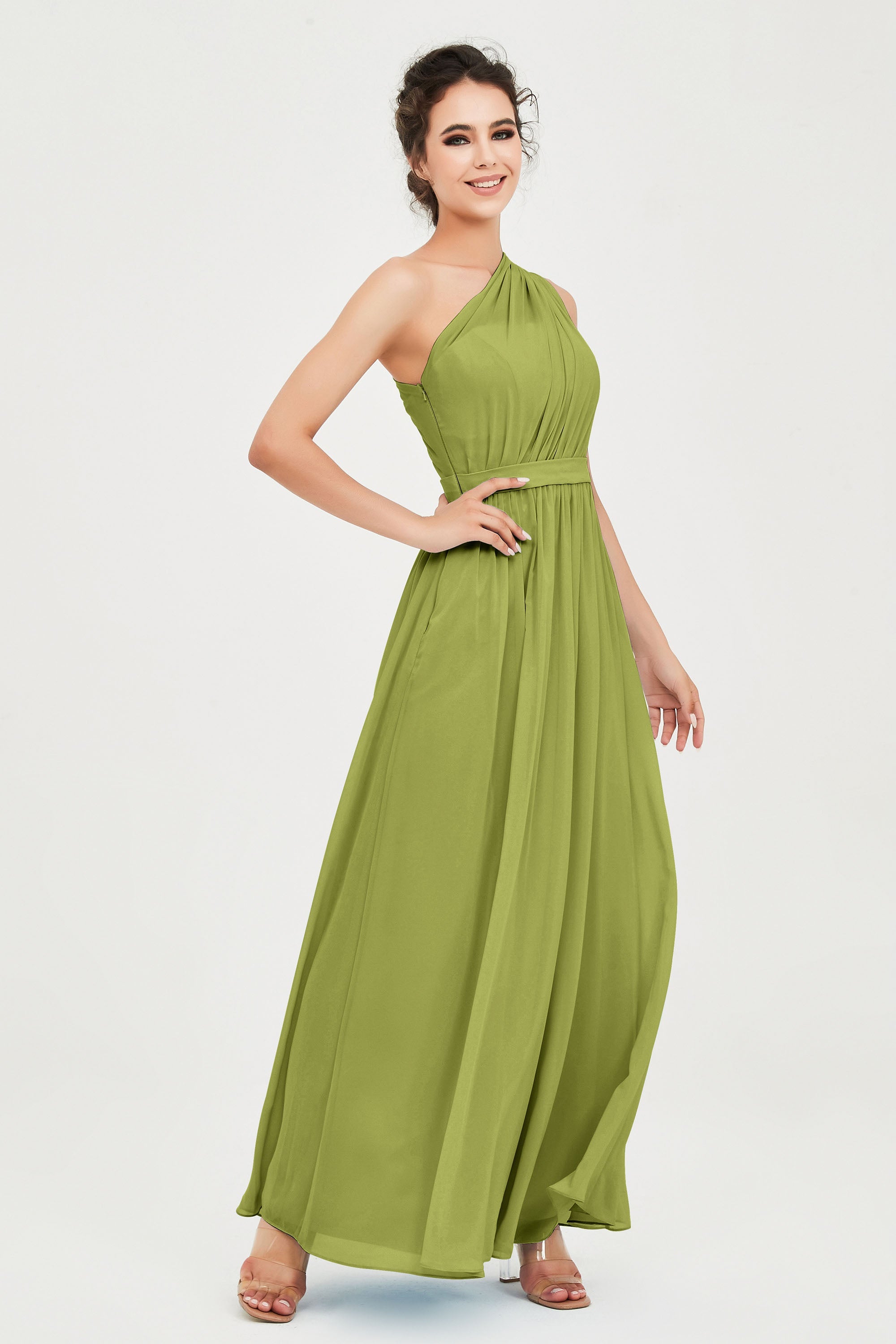 One Shoulder Chiffon Bridesmaid Dress Floor Length Ruched A Line Formal Evening Prom Gowns