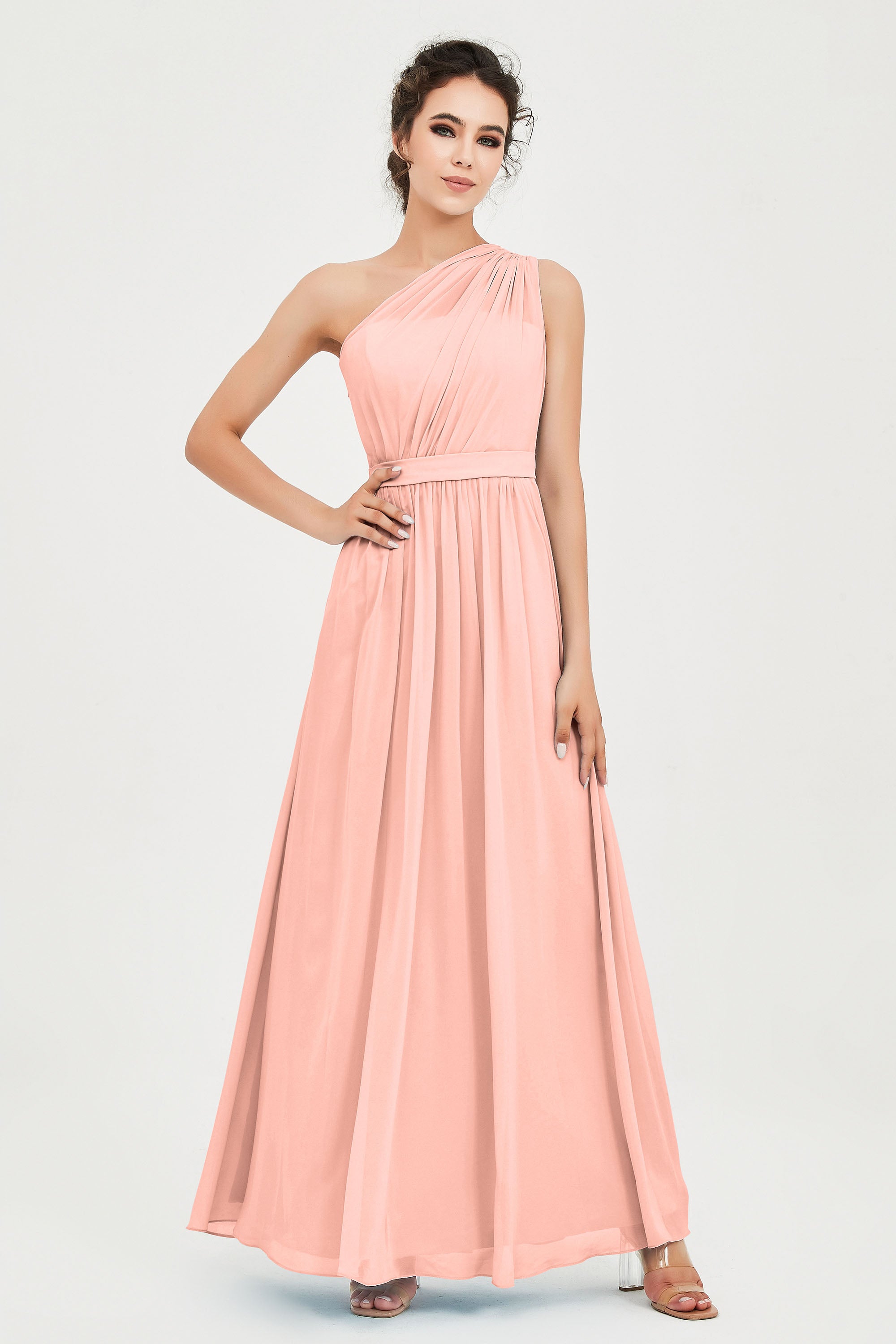 One Shoulder Chiffon Bridesmaid Dress Floor Length Ruched A Line Formal Evening Prom Gowns