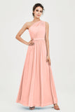 One Shoulder Chiffon Bridesmaid Dress Floor Length Ruched A Line Formal Evening Prom Gowns