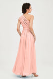 One Shoulder Chiffon Bridesmaid Dress Floor Length Ruched A Line Formal Evening Prom Gowns
