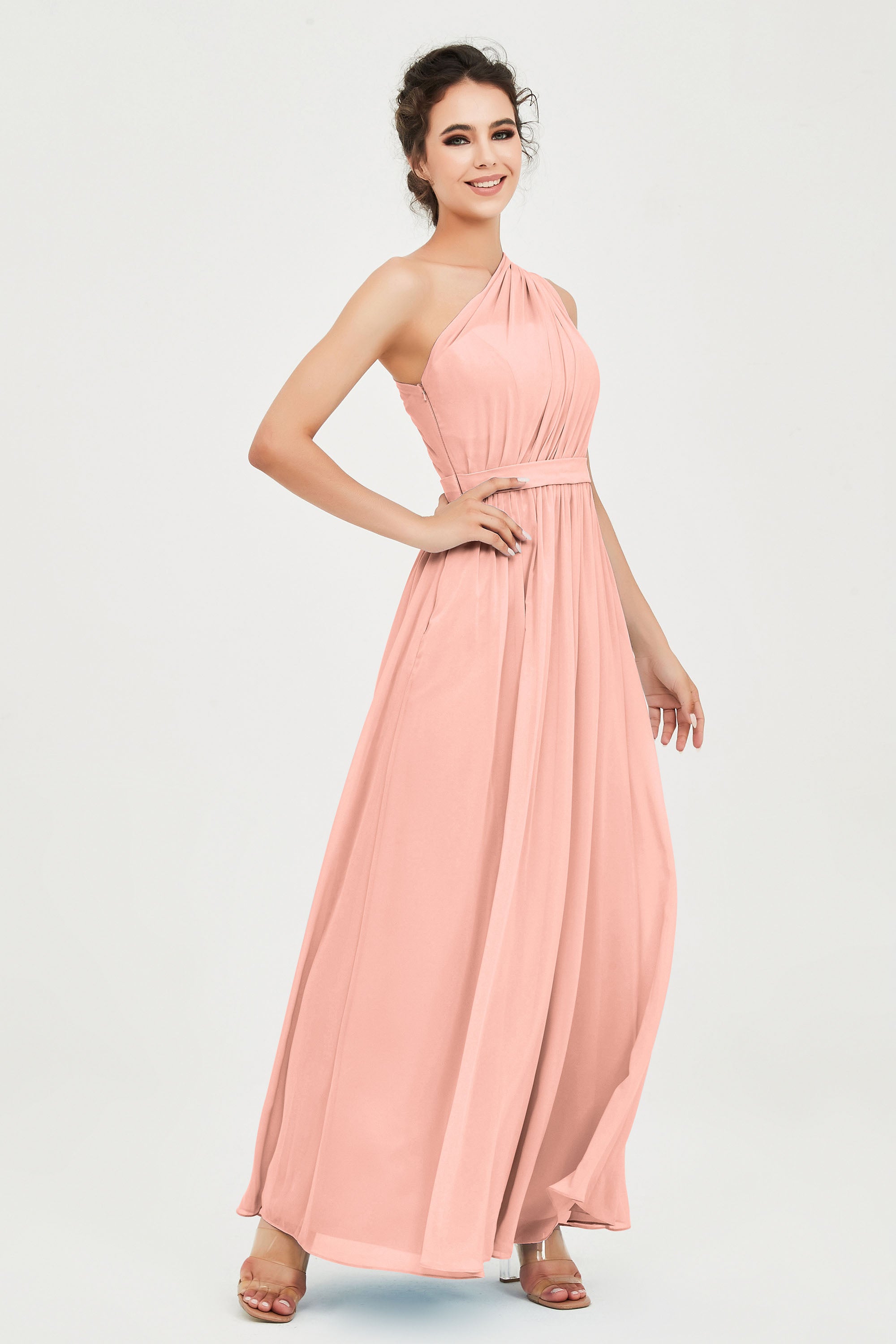 One Shoulder Chiffon Bridesmaid Dress Floor Length Ruched A Line Formal Evening Prom Gowns