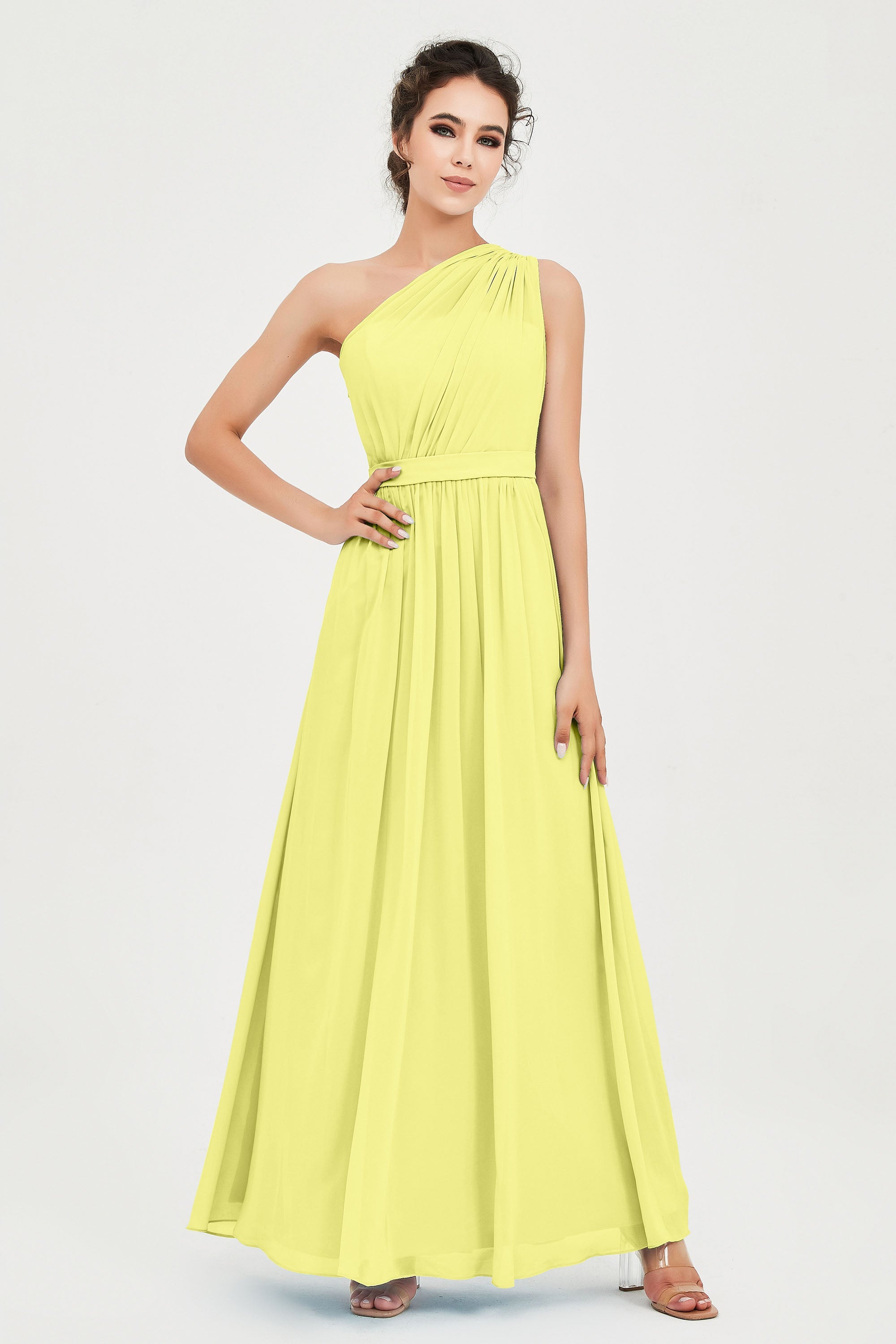 One Shoulder Chiffon Bridesmaid Dress Floor Length Ruched A Line Formal Evening Prom Gowns