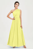 One Shoulder Chiffon Bridesmaid Dress Floor Length Ruched A Line Formal Evening Prom Gowns