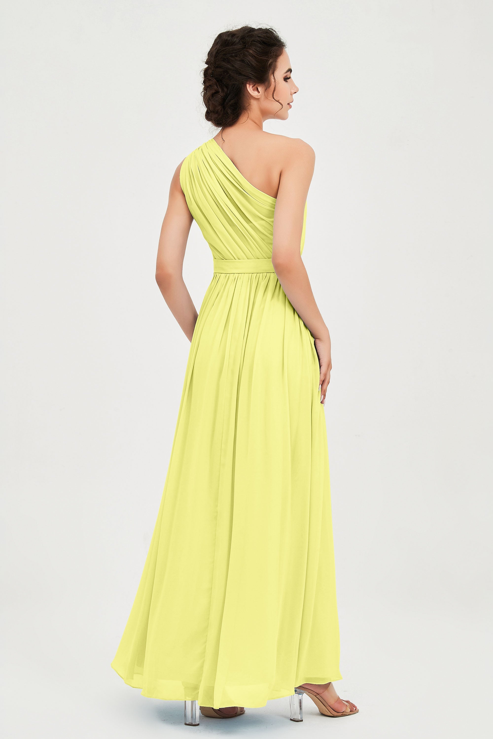 One Shoulder Chiffon Bridesmaid Dress Floor Length Ruched A Line Formal Evening Prom Gowns