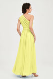 One Shoulder Chiffon Bridesmaid Dress Floor Length Ruched A Line Formal Evening Prom Gowns