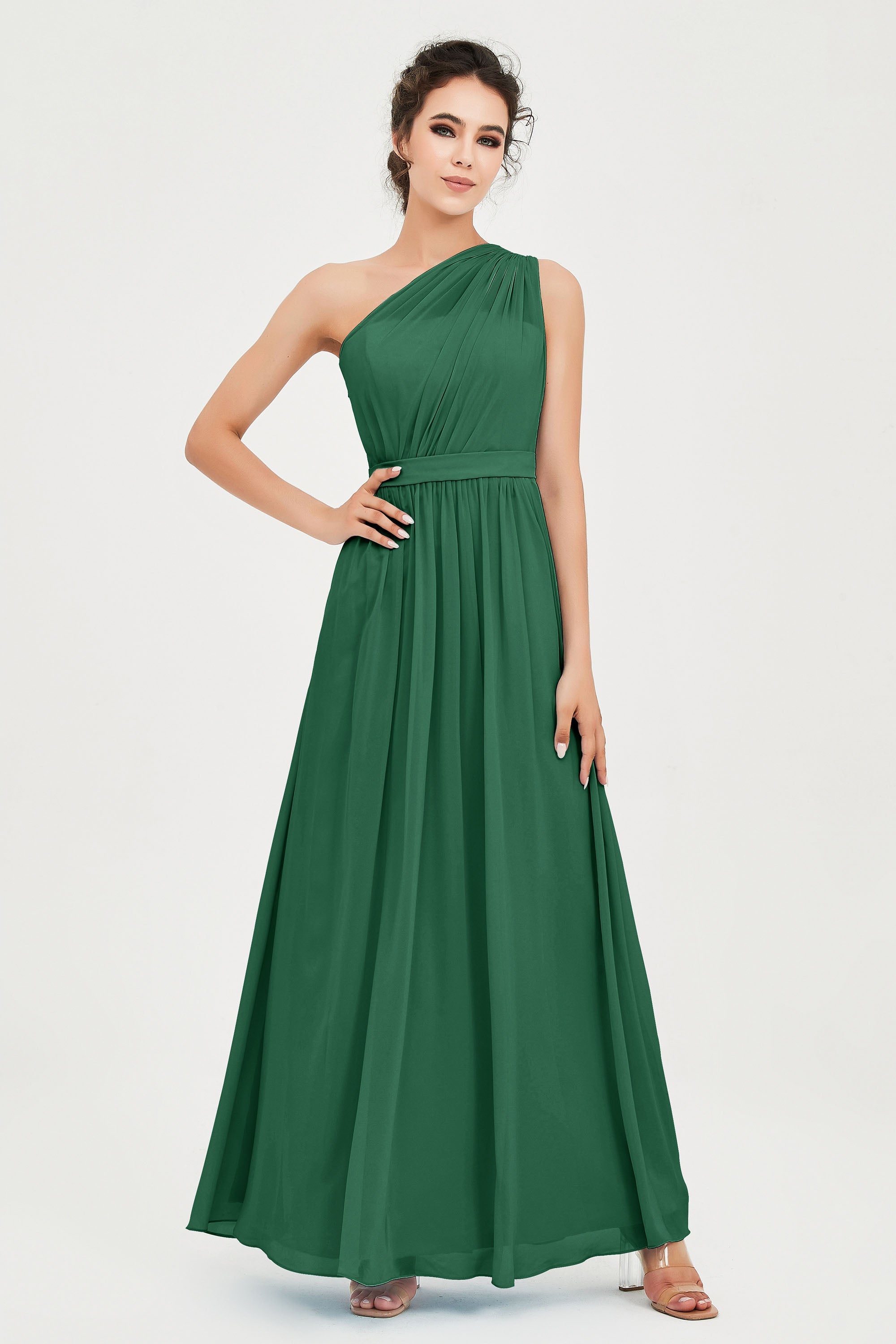 One Shoulder Chiffon Bridesmaid Dress Floor Length Ruched A Line Formal Evening Prom Gowns