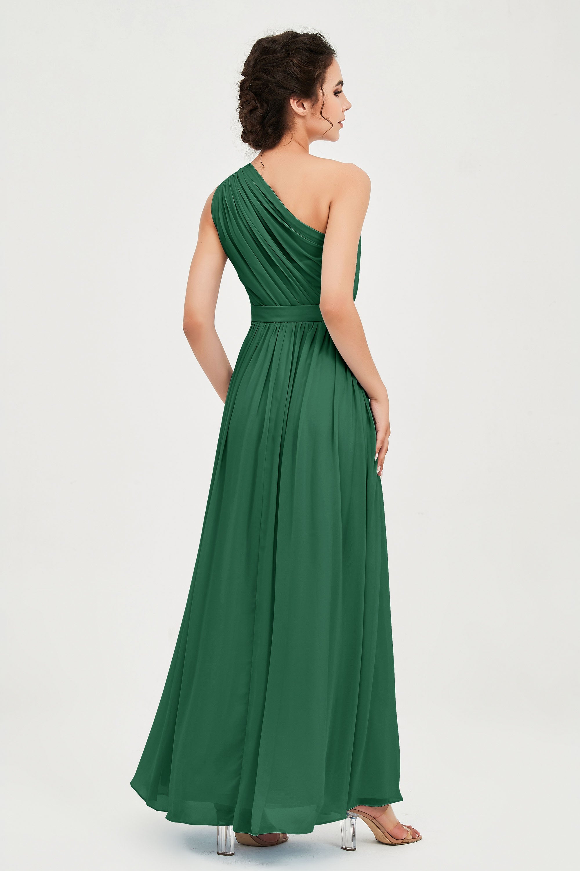 One Shoulder Chiffon Bridesmaid Dress Floor Length Ruched A Line Formal Evening Prom Gowns