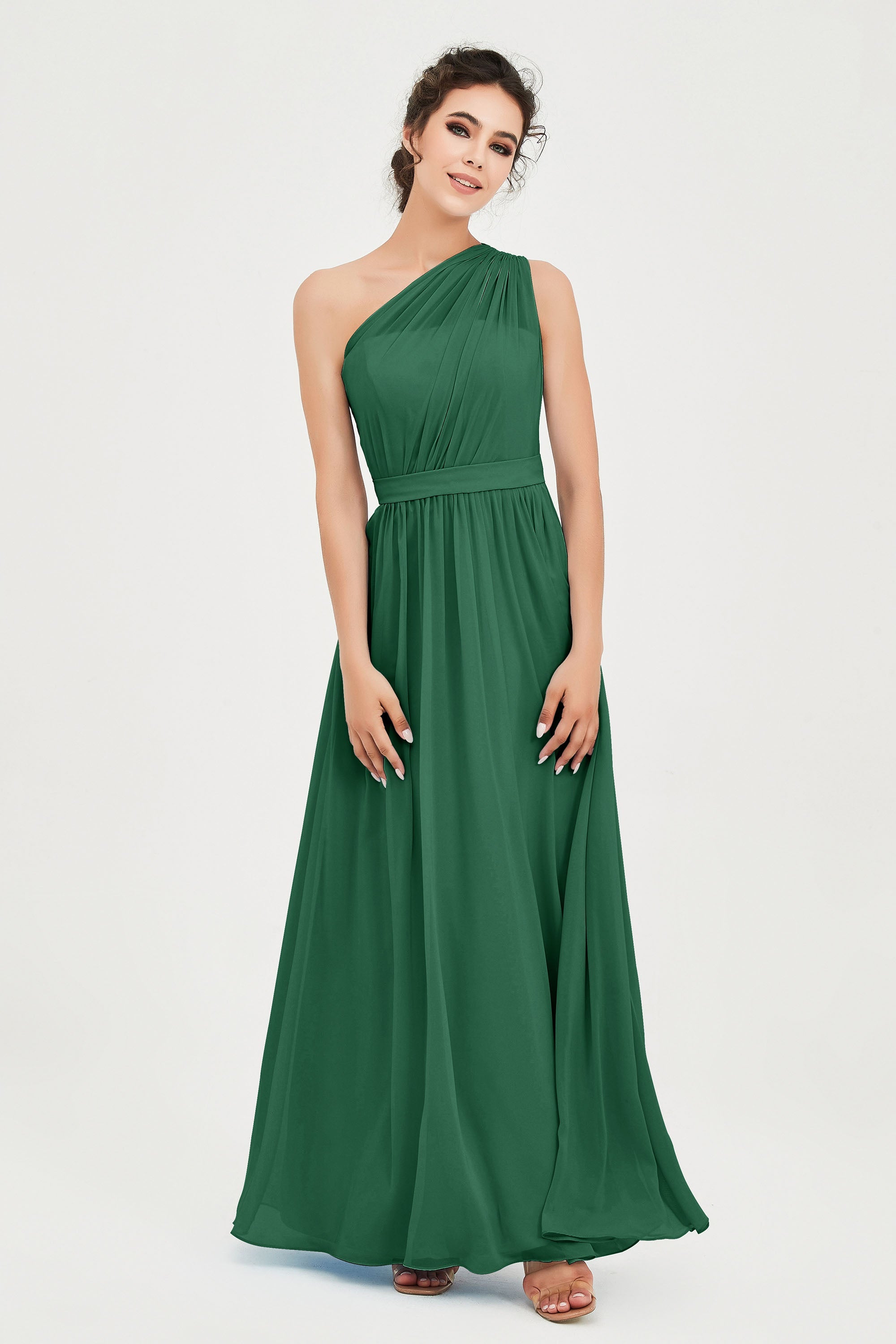 One Shoulder Chiffon Bridesmaid Dress Floor Length Ruched A Line Formal Evening Prom Gowns