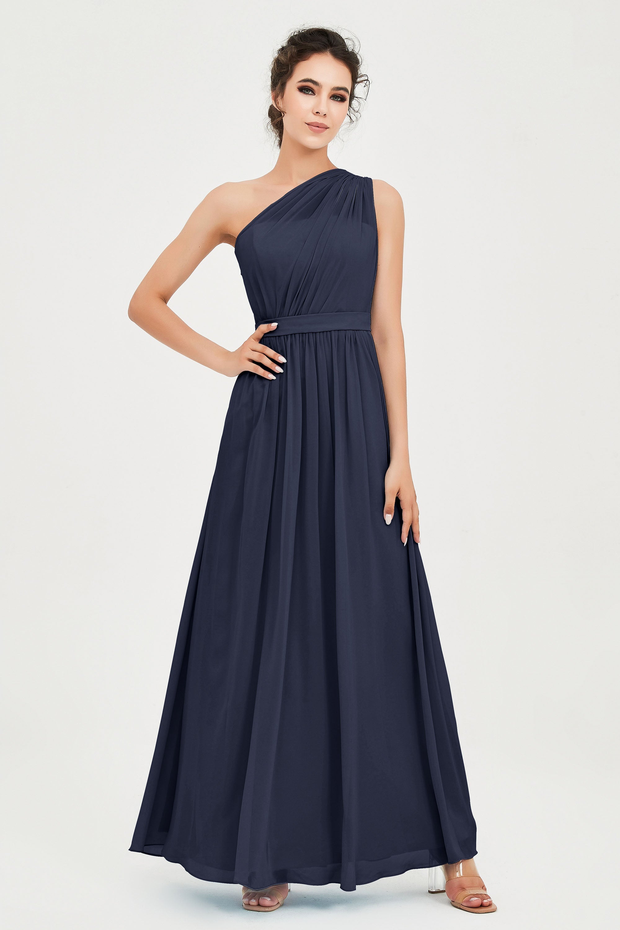 One Shoulder Chiffon Bridesmaid Dress Floor Length Ruched A Line Formal Evening Prom Gowns