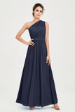 One Shoulder Chiffon Bridesmaid Dress Floor Length Ruched A Line Formal Evening Prom Gowns