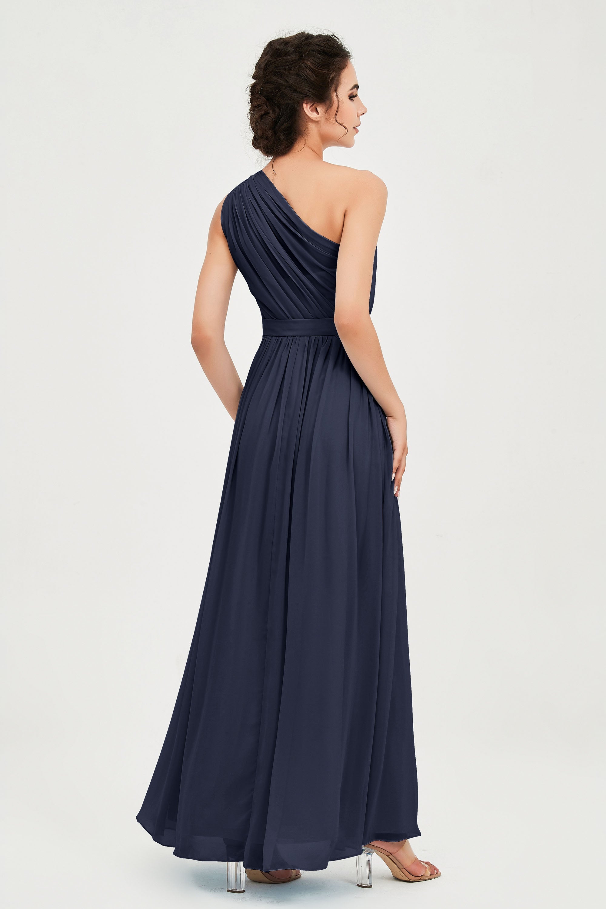 One Shoulder Chiffon Bridesmaid Dress Floor Length Ruched A Line Formal Evening Prom Gowns