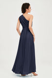 One Shoulder Chiffon Bridesmaid Dress Floor Length Ruched A Line Formal Evening Prom Gowns
