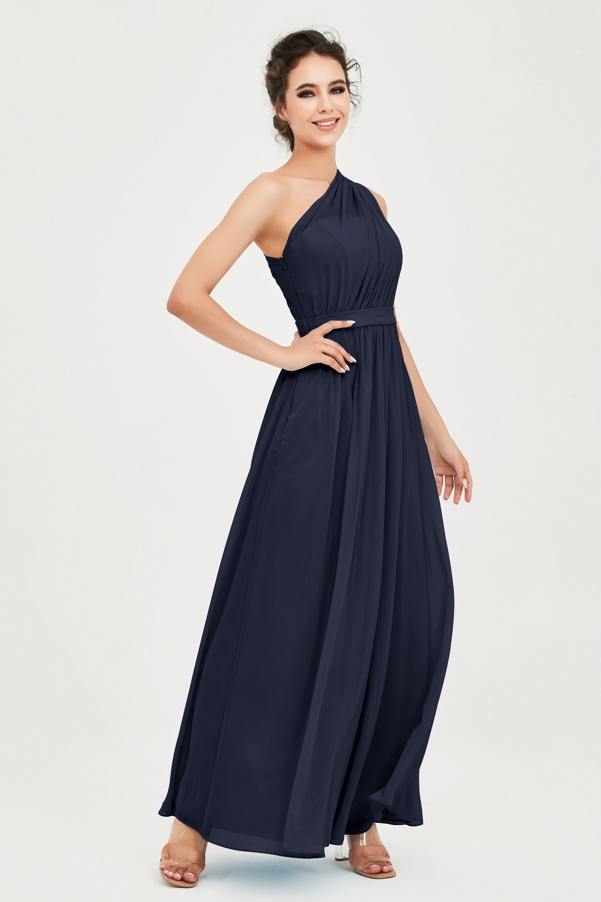 One Shoulder Chiffon Bridesmaid Dress Floor Length Ruched A Line Formal Evening Prom Gowns