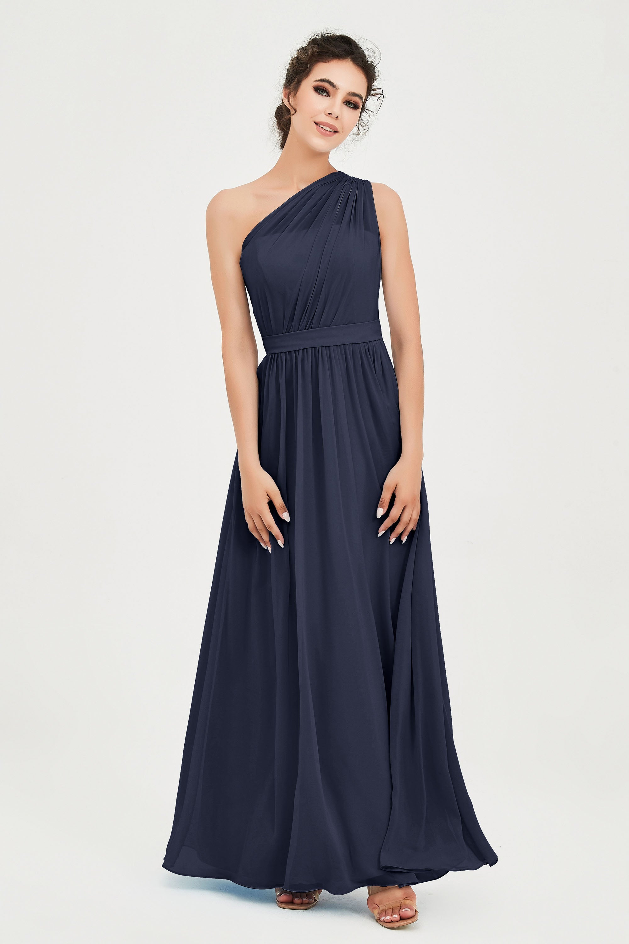 One Shoulder Chiffon Bridesmaid Dress Floor Length Ruched A Line Formal Evening Prom Gowns