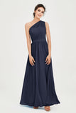 One Shoulder Chiffon Bridesmaid Dress Floor Length Ruched A Line Formal Evening Prom Gowns