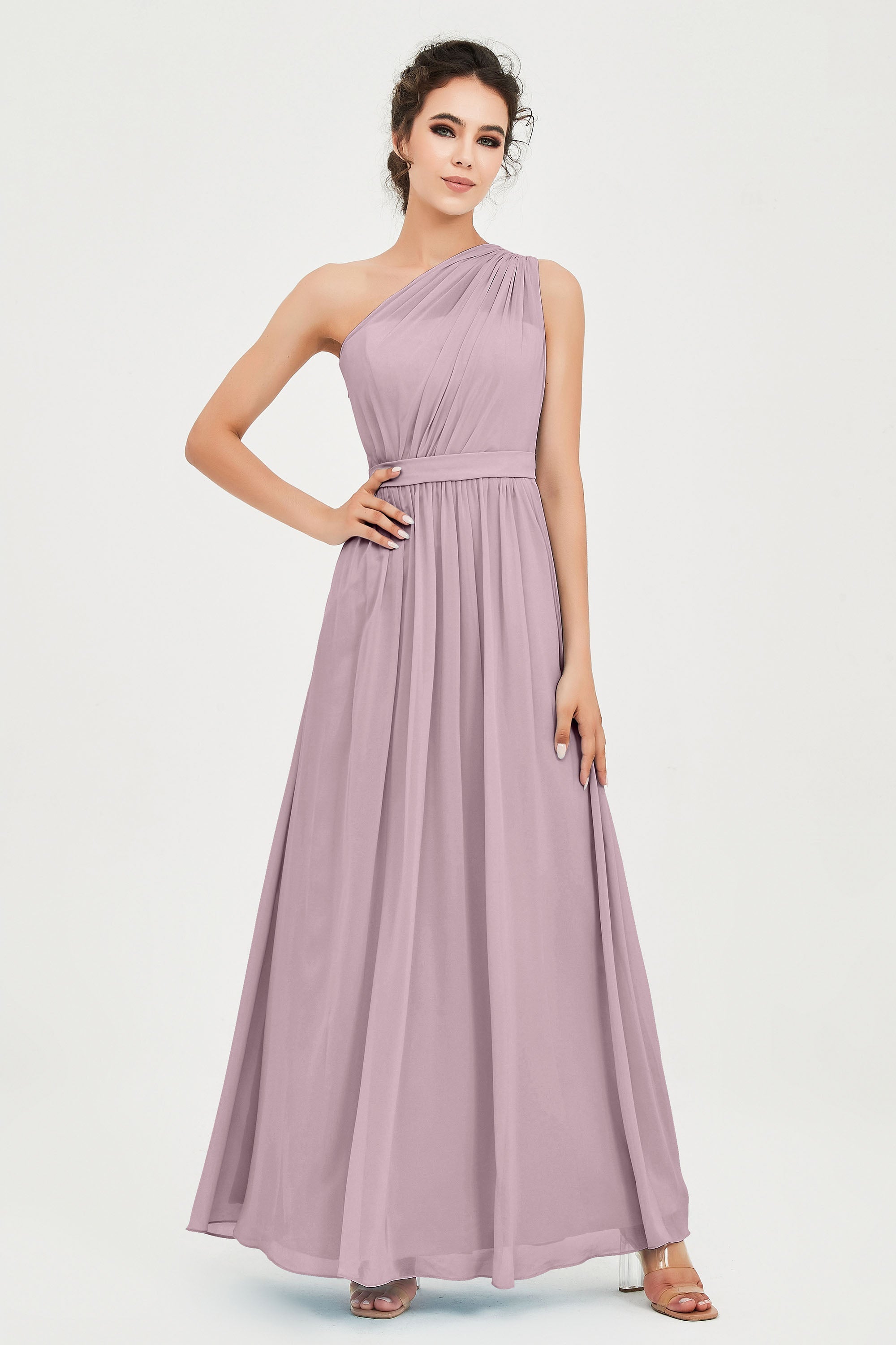 One Shoulder Chiffon Bridesmaid Dress Floor Length Ruched A Line Formal Evening Prom Gowns