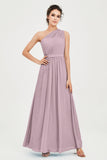 One Shoulder Chiffon Bridesmaid Dress Floor Length Ruched A Line Formal Evening Prom Gowns