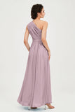One Shoulder Chiffon Bridesmaid Dress Floor Length Ruched A Line Formal Evening Prom Gowns