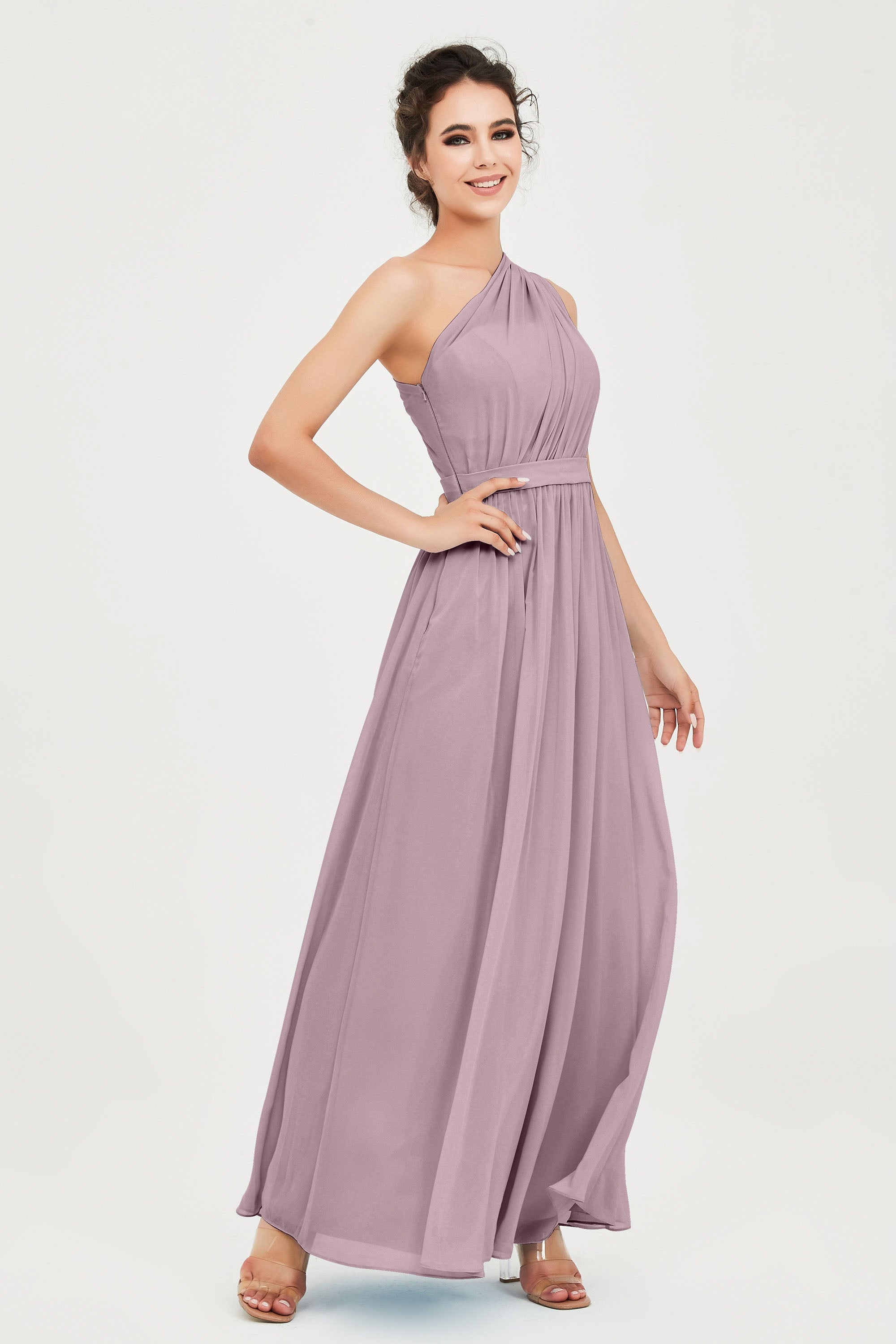 One Shoulder Chiffon Bridesmaid Dress Floor Length Ruched A Line Formal Evening Prom Gowns