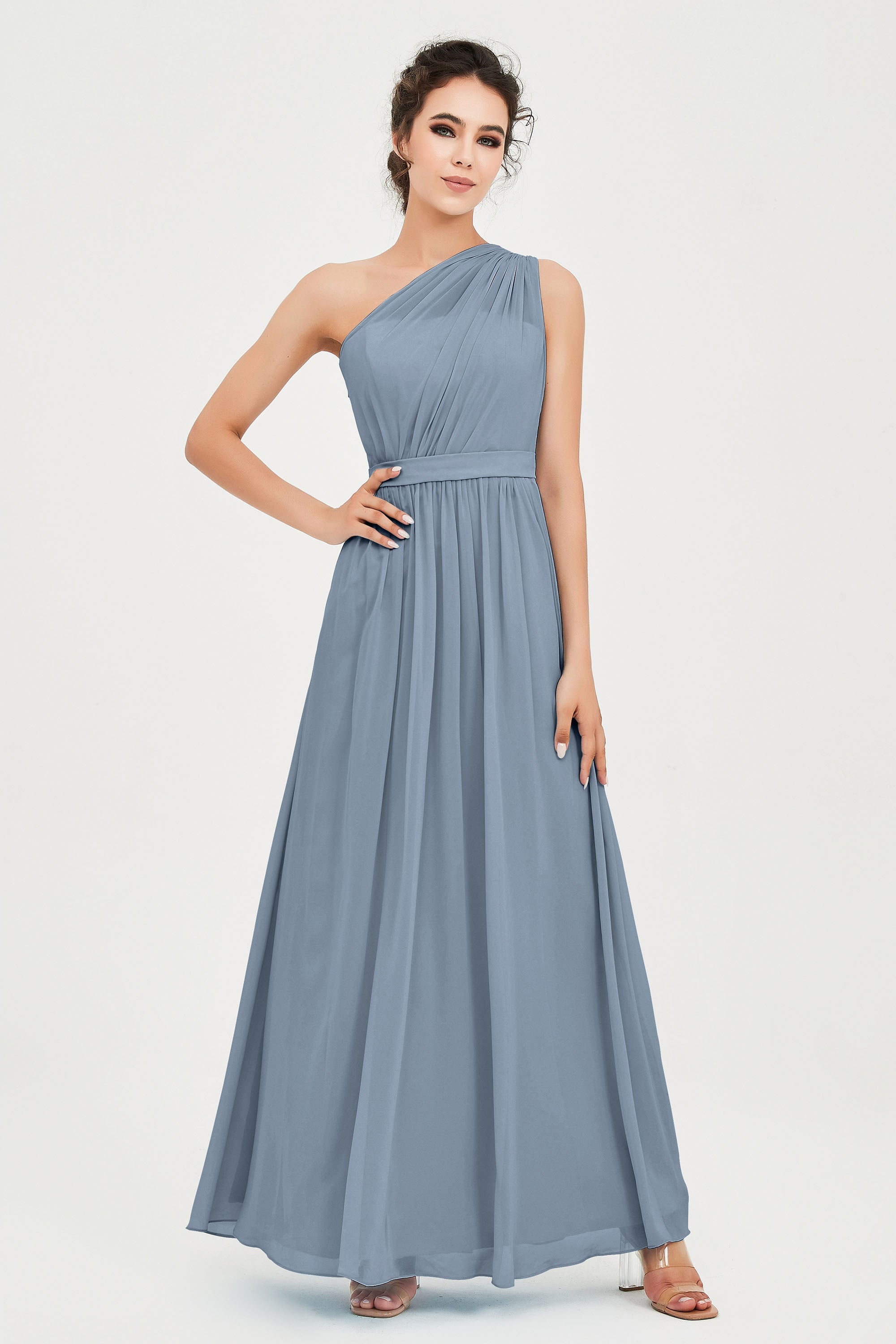 One Shoulder Chiffon Bridesmaid Dress Floor Length Ruched A Line Formal Evening Prom Gowns