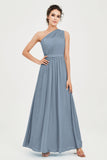 One Shoulder Chiffon Bridesmaid Dress Floor Length Ruched A Line Formal Evening Prom Gowns