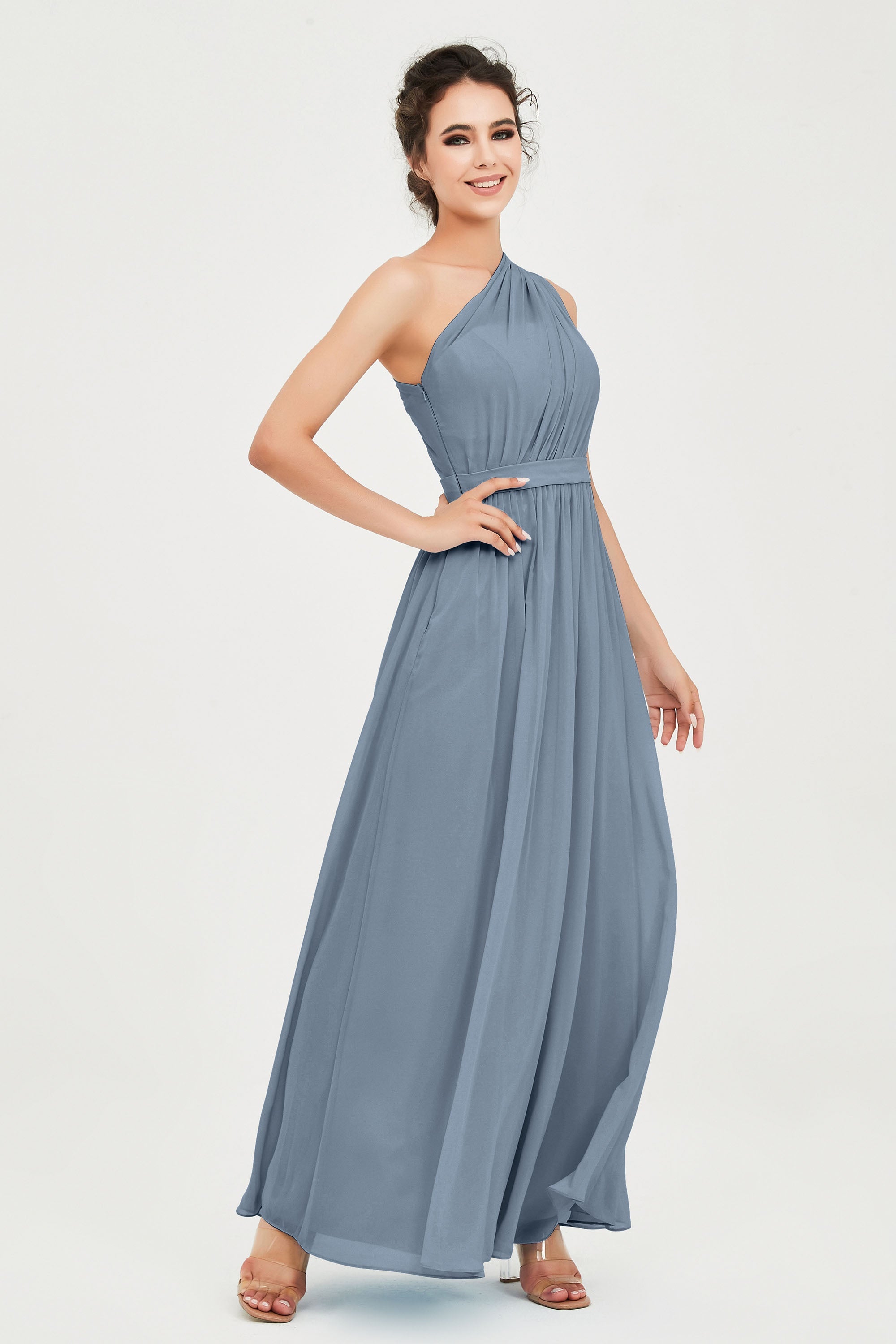 One Shoulder Chiffon Bridesmaid Dress Floor Length Ruched A Line Formal Evening Prom Gowns