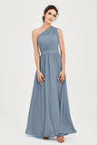One Shoulder Chiffon Bridesmaid Dress Floor Length Ruched A Line Formal Evening Prom Gowns
