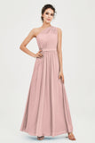 One Shoulder Chiffon Bridesmaid Dress Floor Length Ruched A Line Formal Evening Prom Gowns