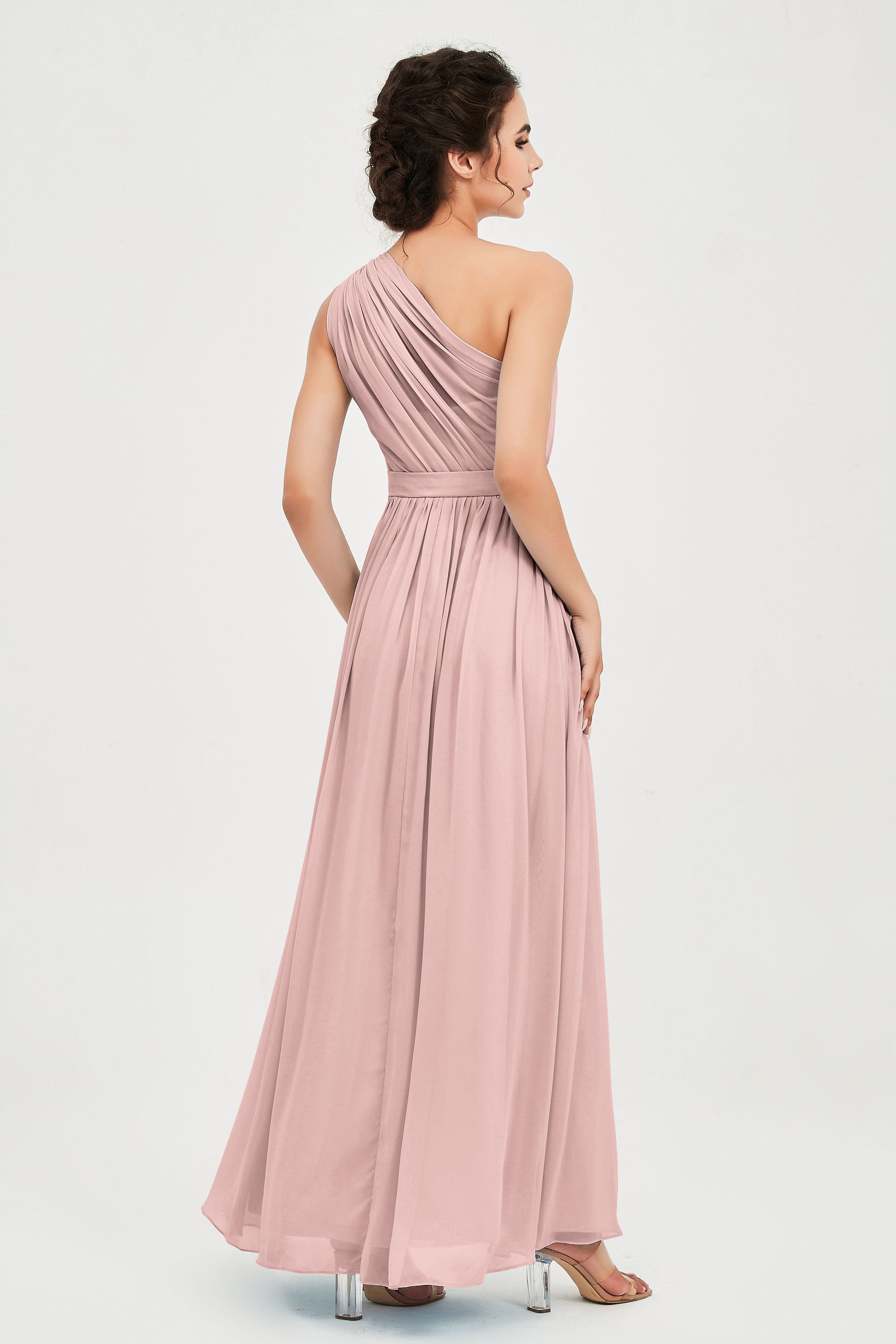 One Shoulder Chiffon Bridesmaid Dress Floor Length Ruched A Line Formal Evening Prom Gowns