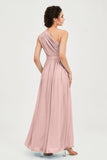 One Shoulder Chiffon Bridesmaid Dress Floor Length Ruched A Line Formal Evening Prom Gowns
