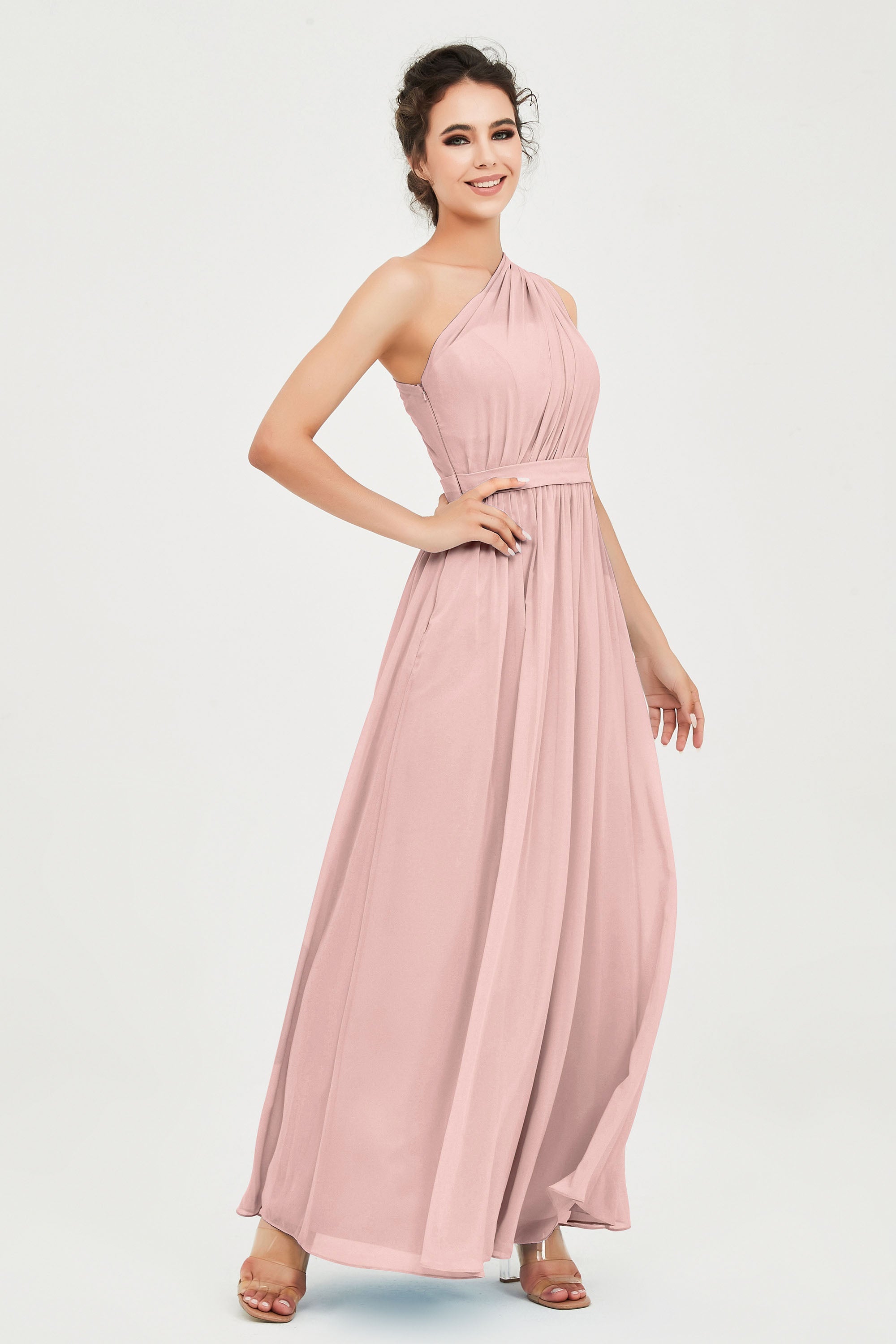 One Shoulder Chiffon Bridesmaid Dress Floor Length Ruched A Line Formal Evening Prom Gowns