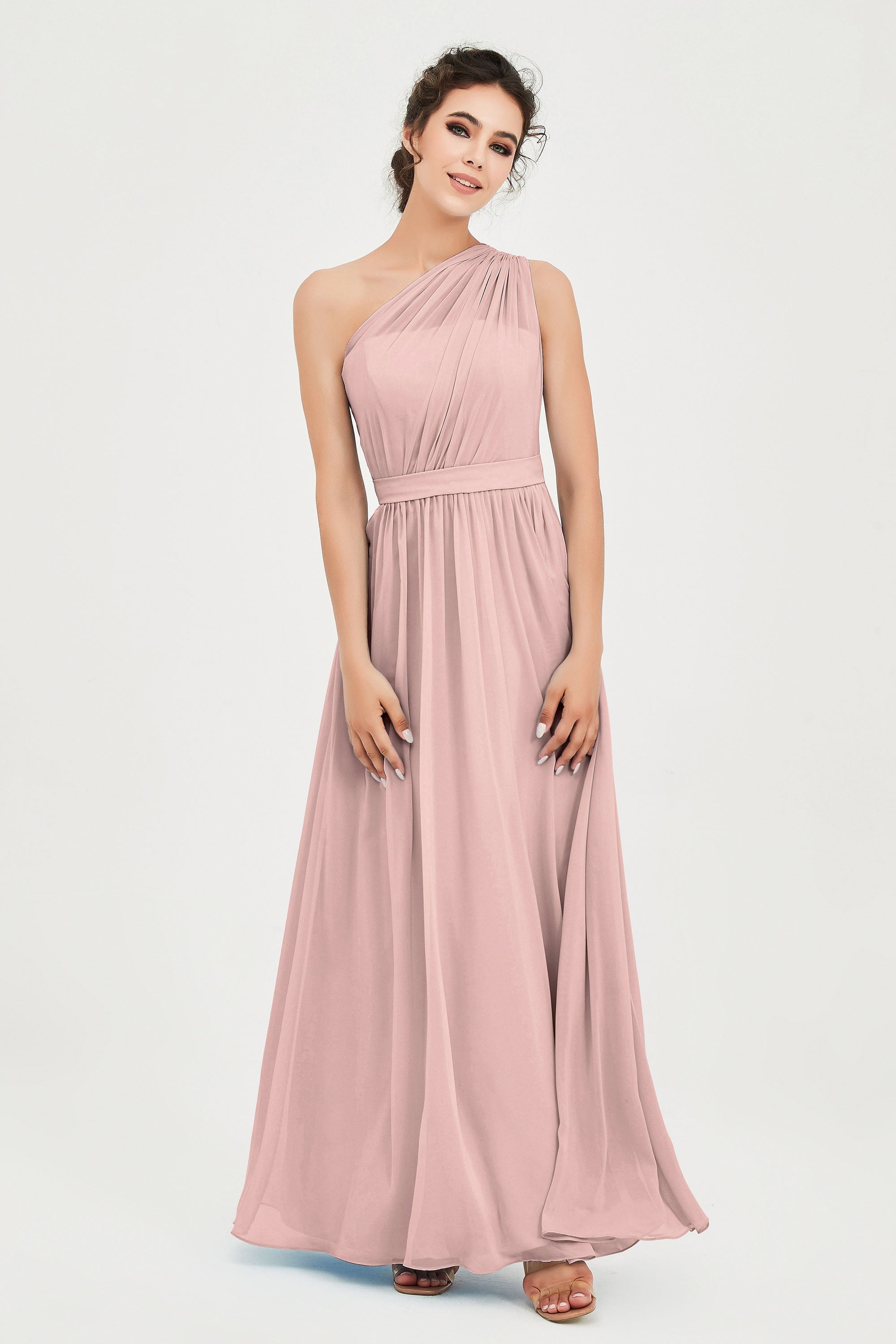 One Shoulder Chiffon Bridesmaid Dress Floor Length Ruched A Line Formal Evening Prom Gowns