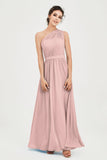 One Shoulder Chiffon Bridesmaid Dress Floor Length Ruched A Line Formal Evening Prom Gowns